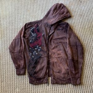Large, brown, Men’s Affliction zip-up hoodie with grim reaper print. Like new